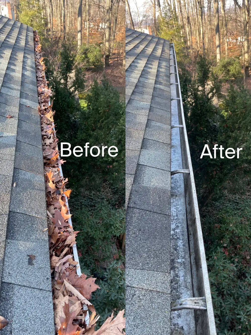 before and after picture of a gutter that was full of leaves and is now clean